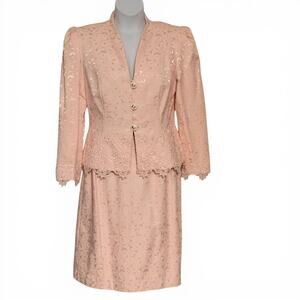 Vintage 80s Ursula Blush Pink Skirt Suit Size 14 Lace Hem Jacquard Occasion Set